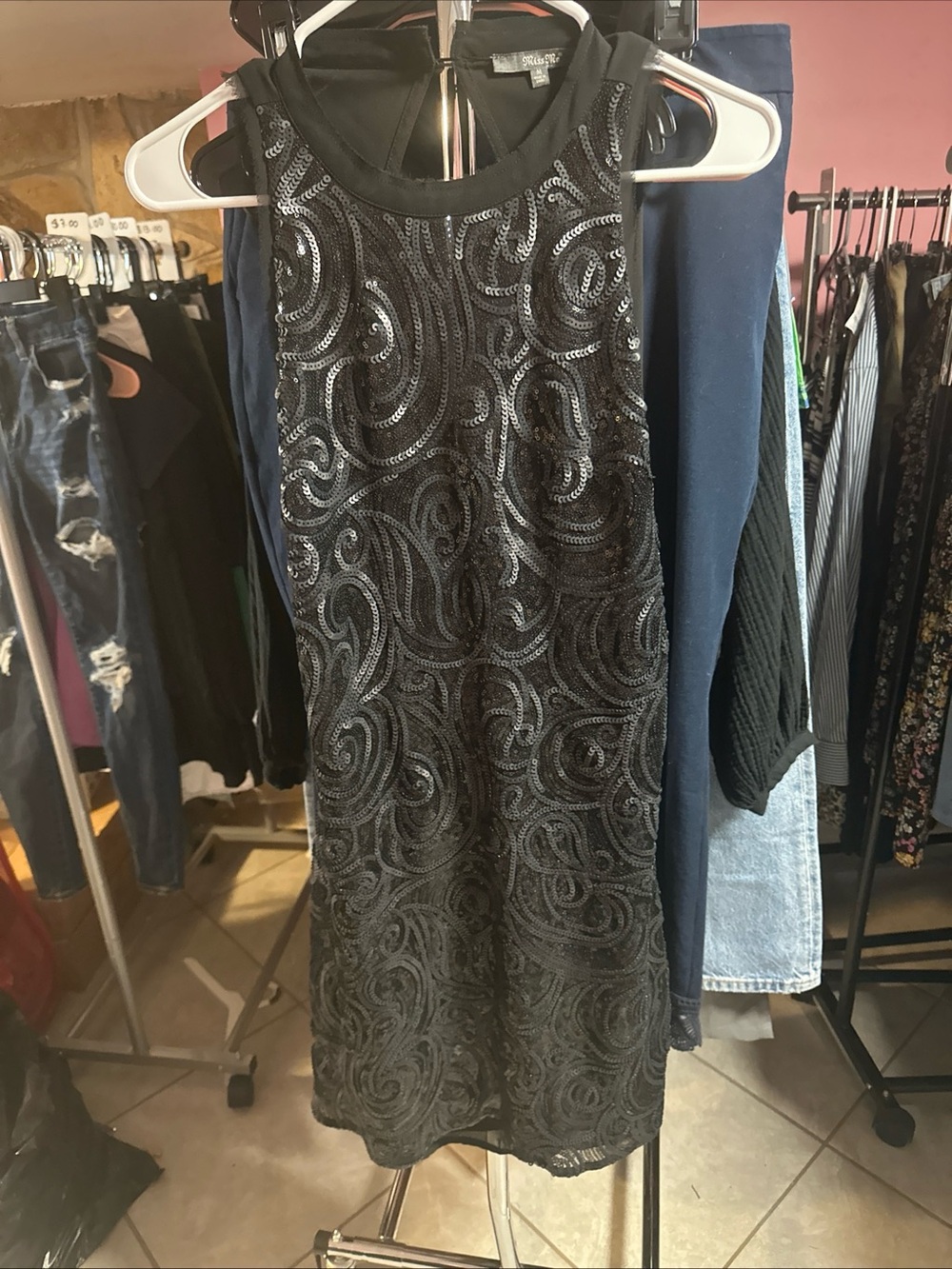 Miss Me Black Sequin Swirl Mini Dress